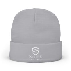 Embroidered 'Stone Protection' Knit Beanie — Warm Gray Cuffed Hat with Logo