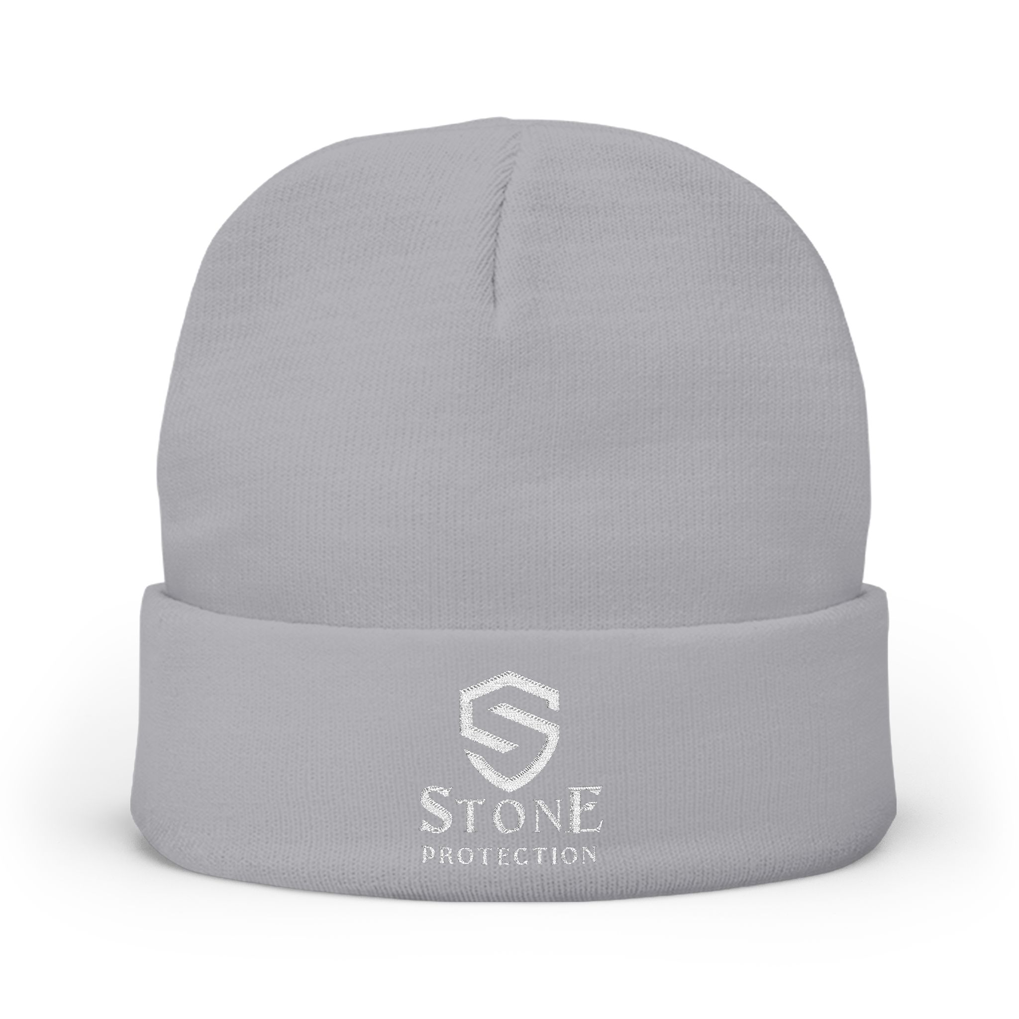Embroidered 'Stone Protection' Knit Beanie — Warm Gray Cuffed Hat with Logo