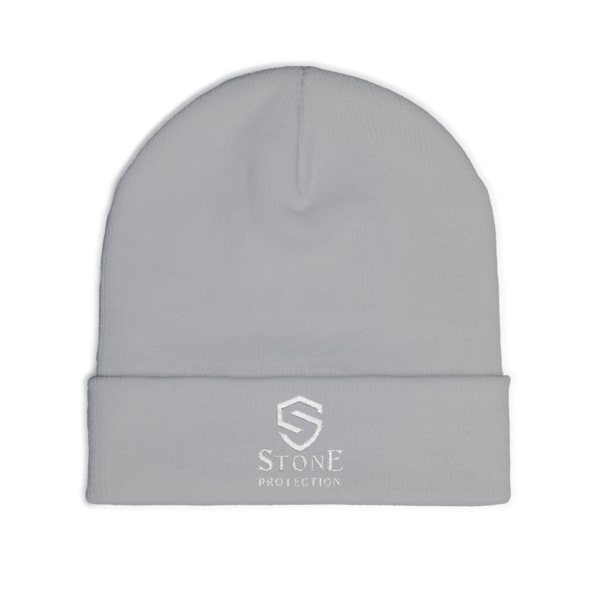 Embroidered 'Stone Protection' Knit Beanie — Warm Gray Cuffed Hat with Logo - Image 3
