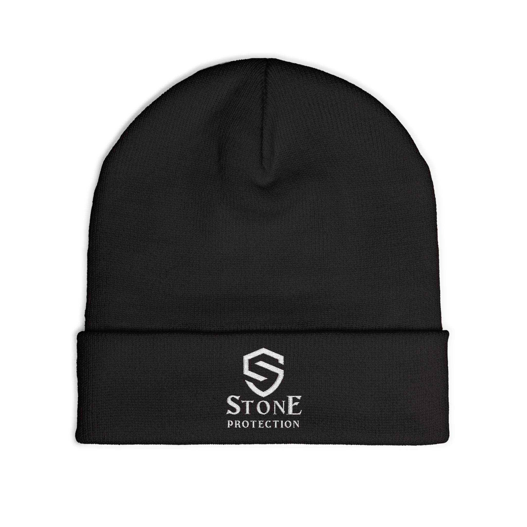 Embroidered 'Stone Protection' Knit Beanie — Warm Gray Cuffed Hat with Logo - Image 7