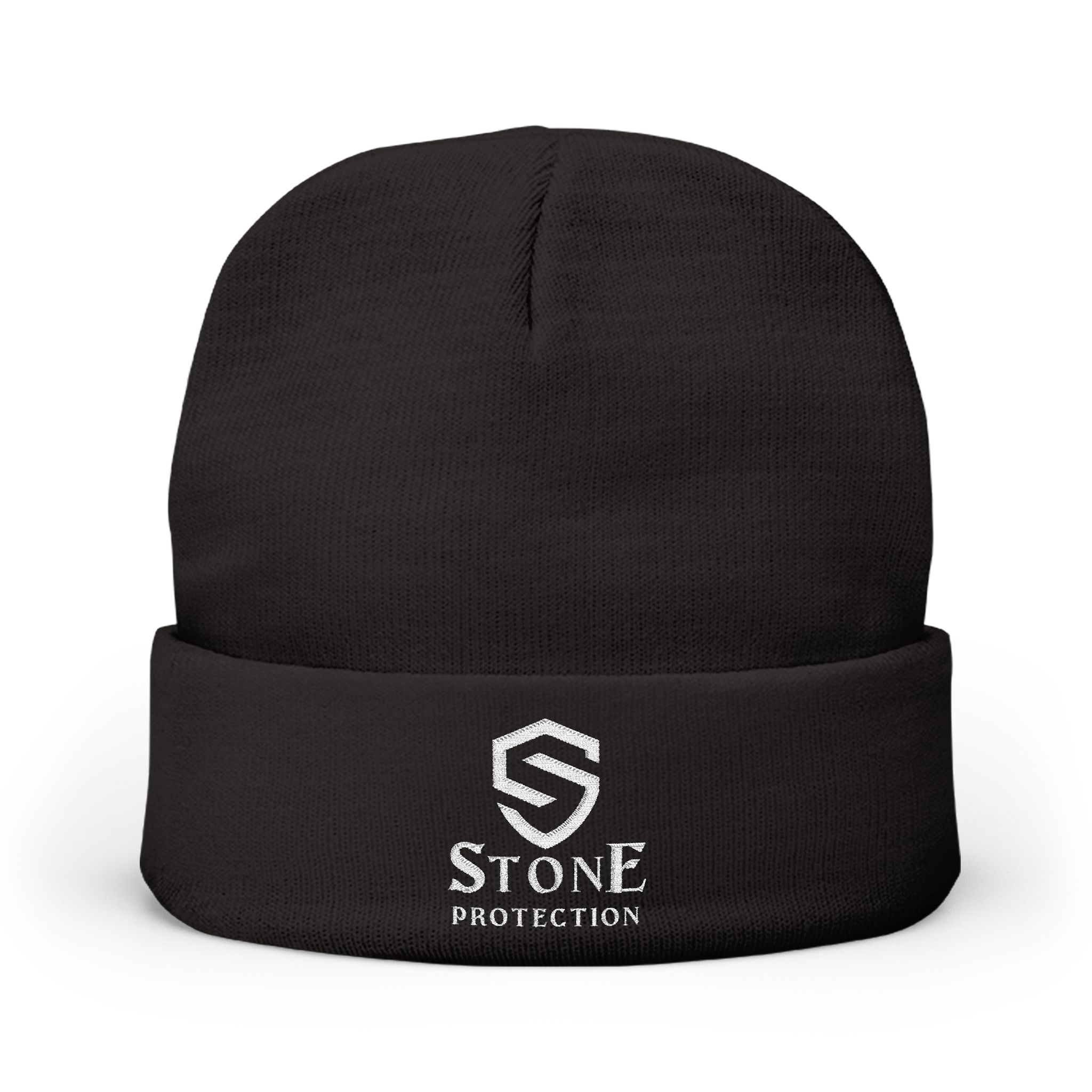 Embroidered 'Stone Protection' Knit Beanie — Warm Gray Cuffed Hat with Logo - Image 5